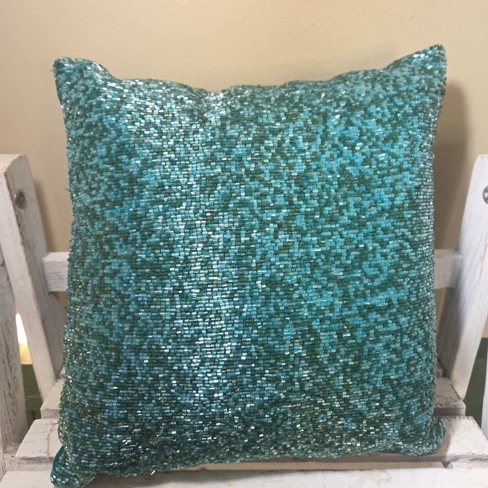 Pier 1 Beaded Accent Throw Pillow Teal Blue Green Square Coastal Home Decor